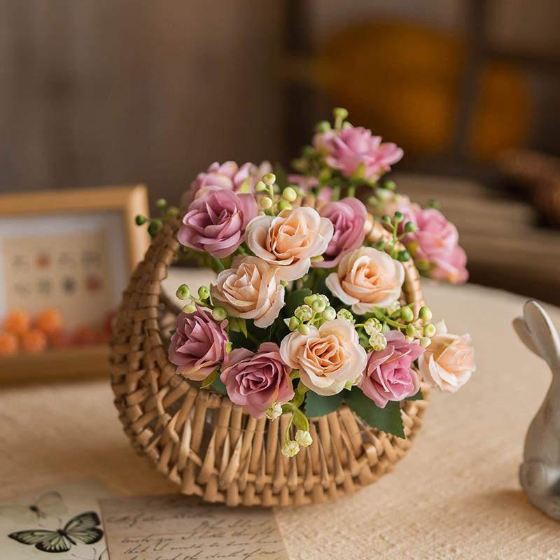 喜莱卡藤篮花藤编提篮彷真花UWF束假花客餐厅桌饰装摆插花饰束装