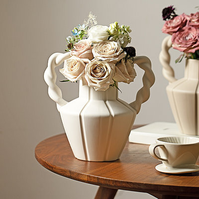 OAOE法式复古双耳陶瓷花壶高级感花瓶设计师花器家居装饰摆件