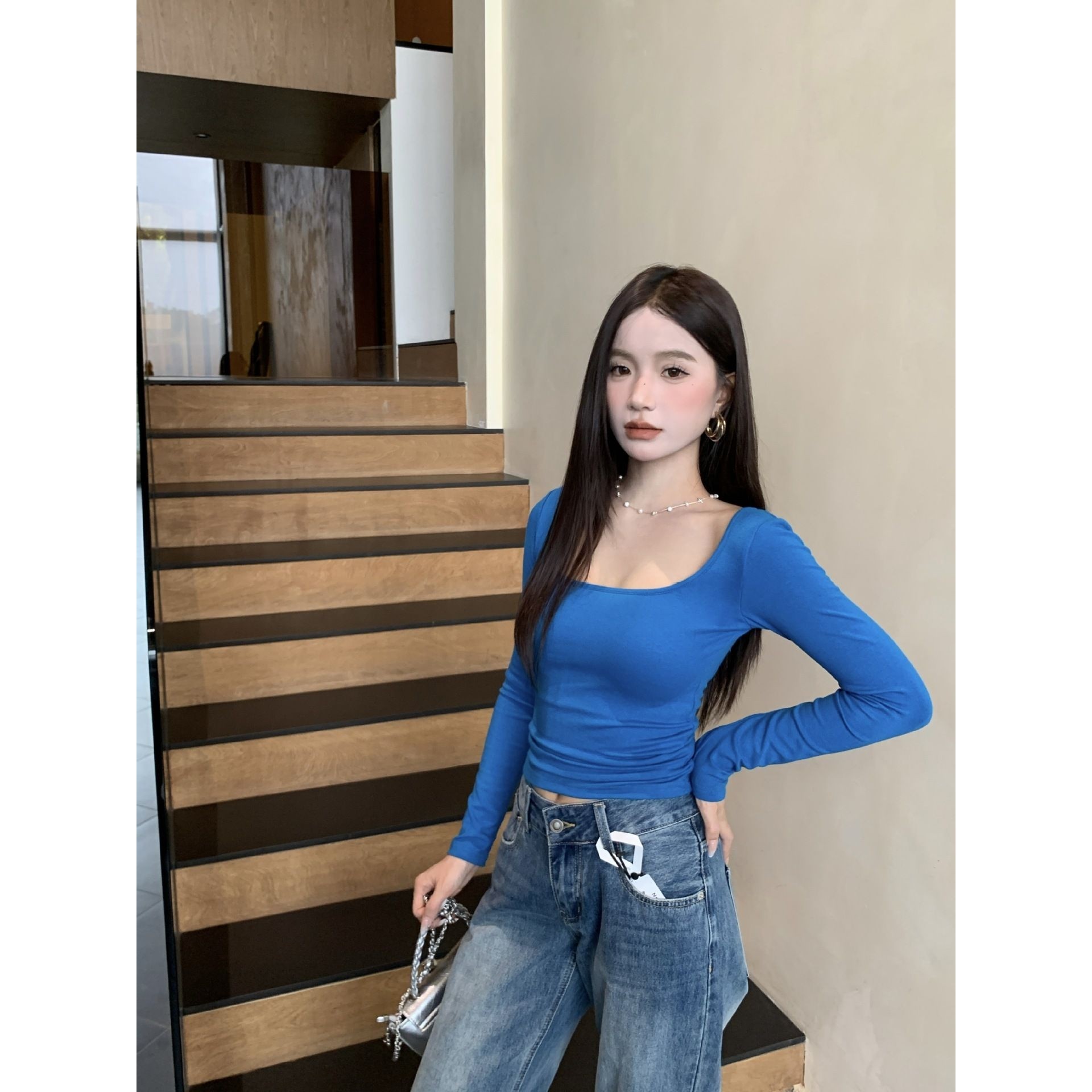 新款早秋 纯欲系 方领 露背长袖T恤 镂空后背自带固定杯垫 打底衫,女装/女士精品,T恤,淘宝优惠券,粉丝福利购,淘宝优惠卷