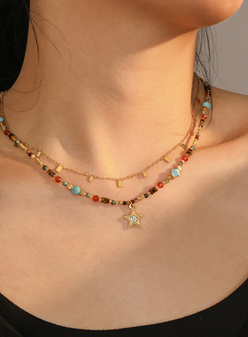 复古民族风撞色串珠项链甜酷五角星饰品精致百搭捷克珠虎眼石