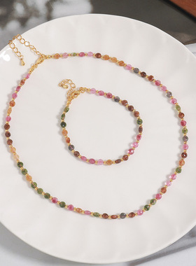 新款复古彩色天然碧玺石手工串珠锁骨链小众简约百搭叠戴项链