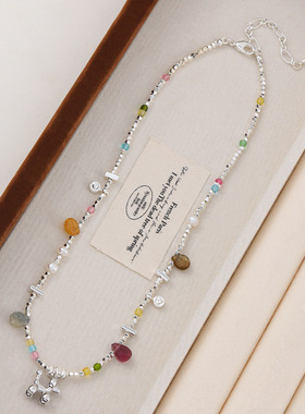 甜美夏日多巴胺彩色天然石碎银串珠项链简约百搭ins小狗吊坠项链
