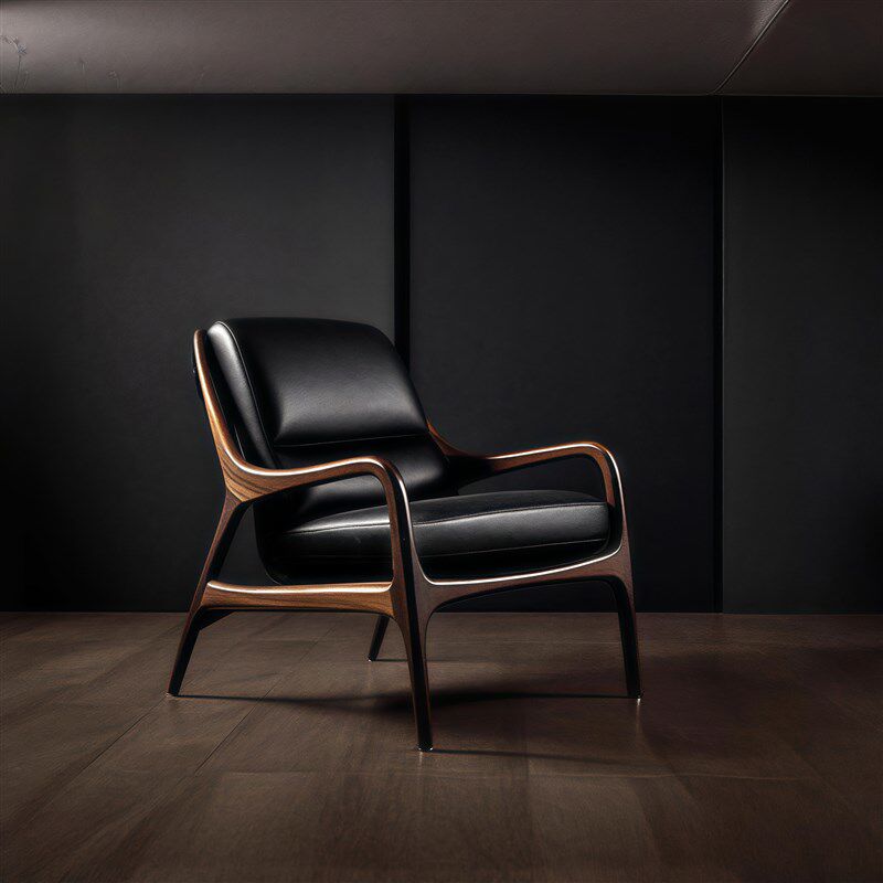 新中式黑胡桃木实木沙发椅真皮休闲椅中古风设计师书房高端单人椅