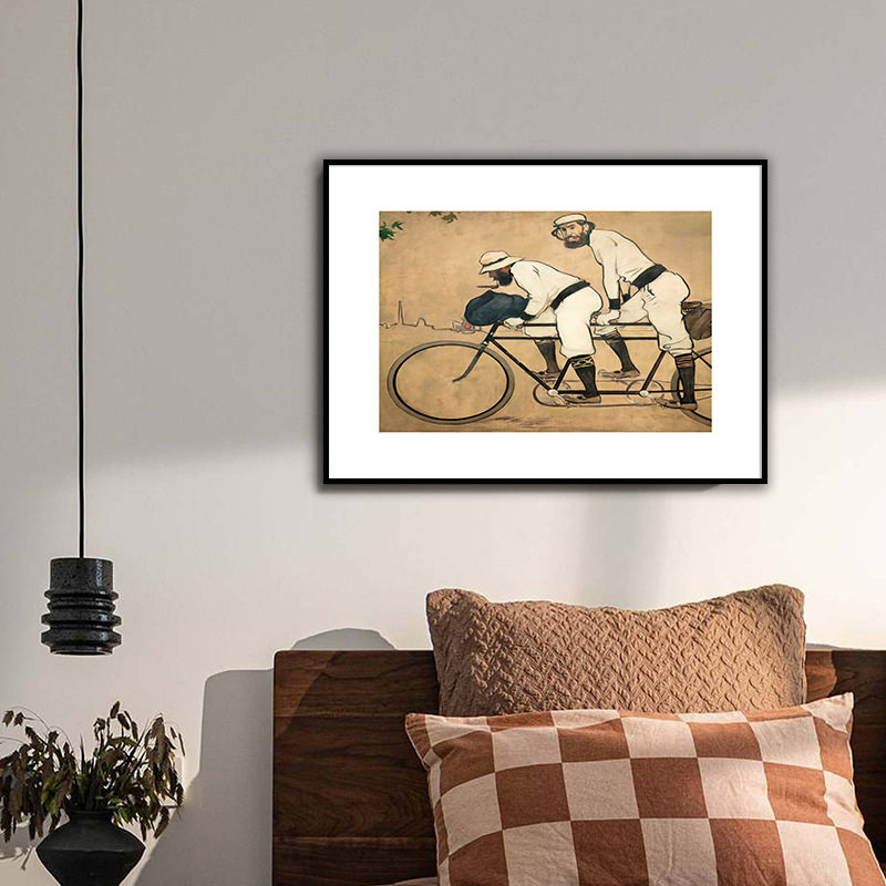 小众艺术复古装饰画卡萨斯自行车客厅书房摆件人物棕色挂画办公室
