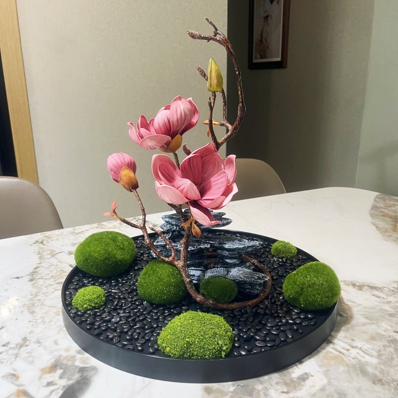仿真花艺微造景观酒店圆形餐桌电动转盘中间摆放装饰假山盆景盘花