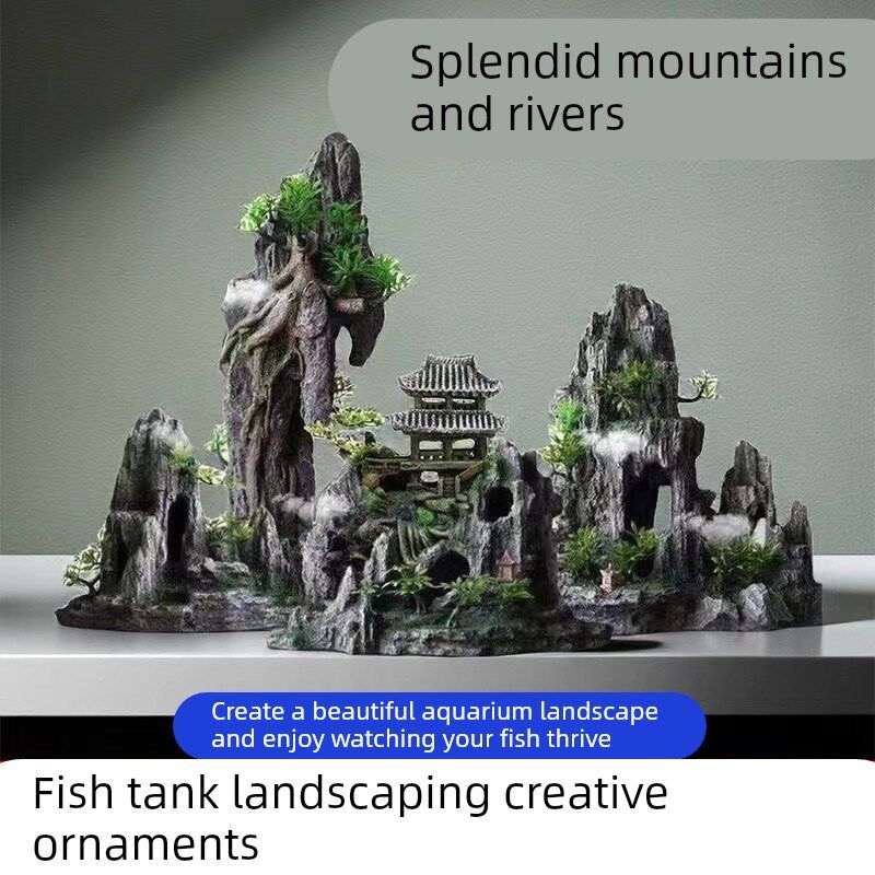鱼缸造景假山生态全套水草石头小摆件小型大型水族布景内饰躲避洞