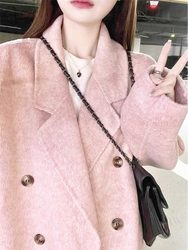 粉色羊绒呢大衣女2024冬季新款韩系小个子羽绒服内胆加厚毛呢外套