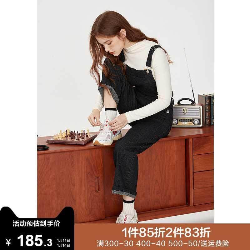 库恩玛维盐系背带牛仔背带裤女2024年早春新款减龄小个子直筒长裤