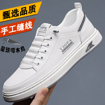100%全牛皮星头啄木鸟男鞋2024秋季男士真皮运动休闲皮鞋小白鞋子