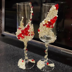 新中式手工敬酒杯一对红色diy材料包结婚礼物高颜值香槟杯创意