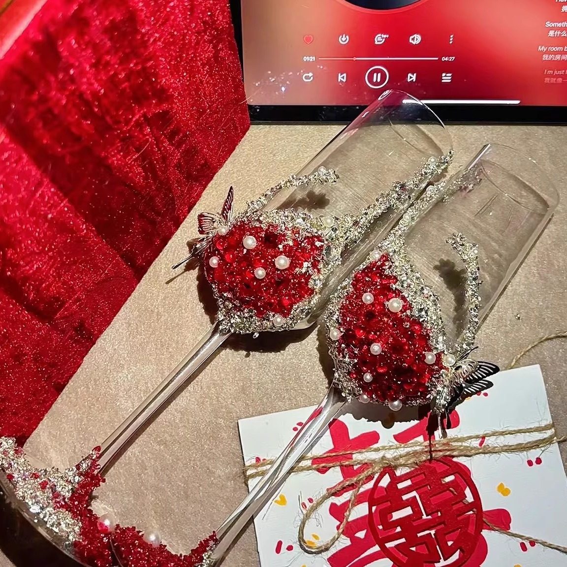 敬酒杯一对DIY材料包手工红色香槟杯婚礼高颜值创意礼品新娘礼物