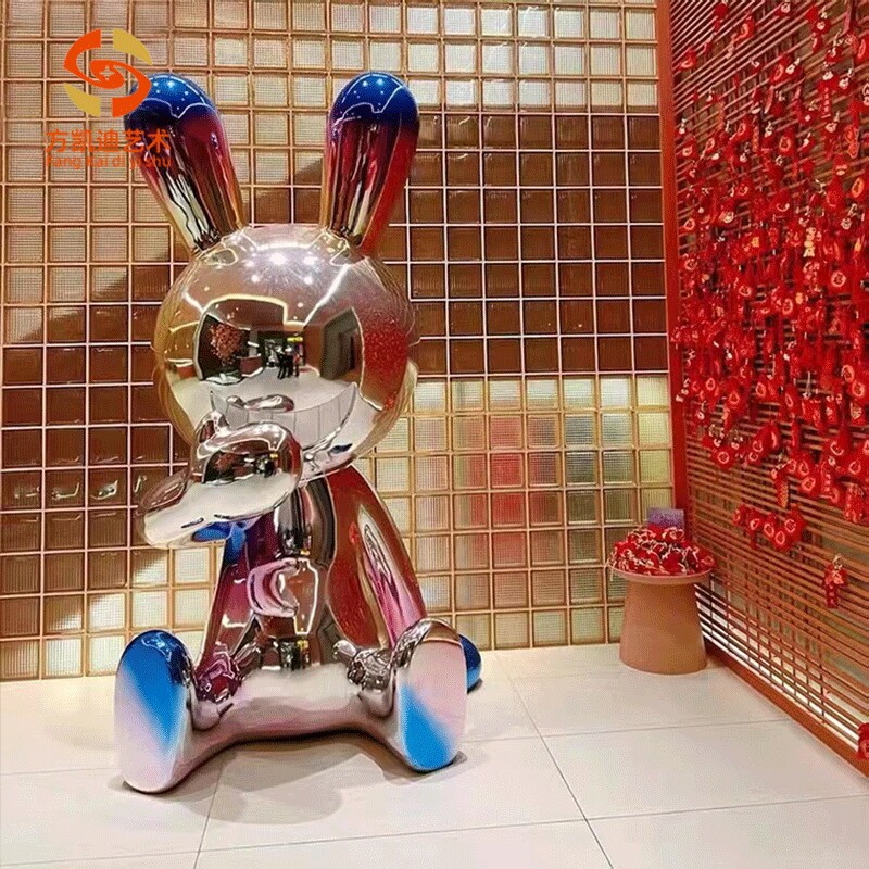 玻璃钢炫彩兔子公仔几何卡通动物装饰品摆件 涂鸦艺术雕塑工艺品