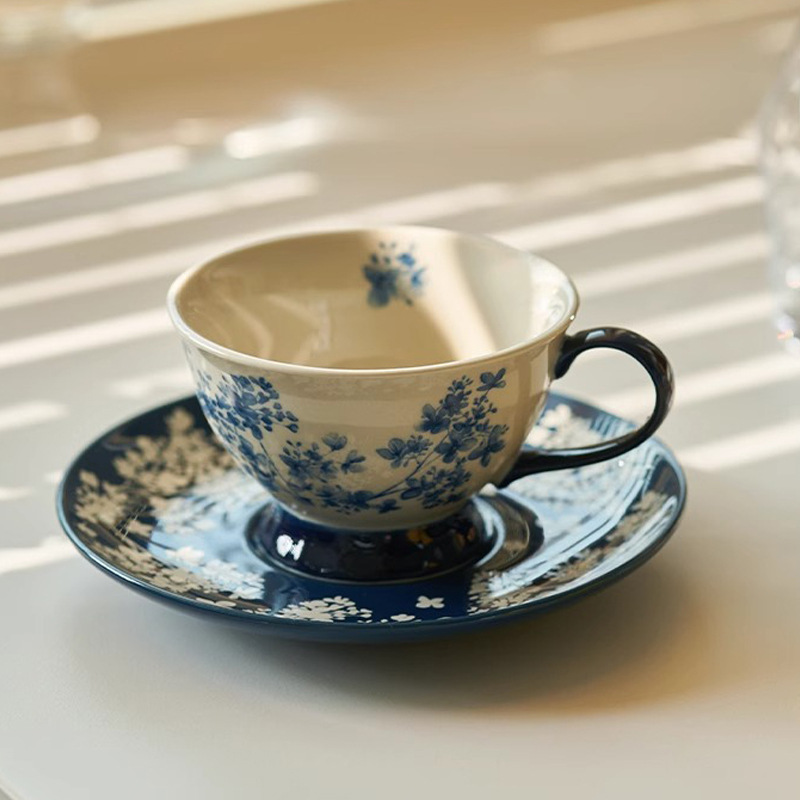 复古青花咖啡杯碟套装下午茶一壶四杯水具迎宾茶壶杯碟送礼拉花杯