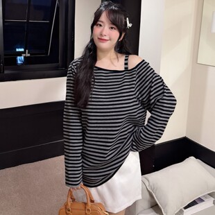 宽松版t恤女款上衣大码胖mm显瘦遮肚针织衫慵懒风打底衫套头毛衣
