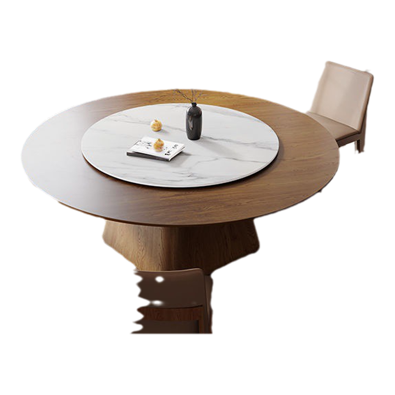 新中式2米圆形餐桌纯实木岩板内嵌转盘10人家用北美白蜡木大圆桌