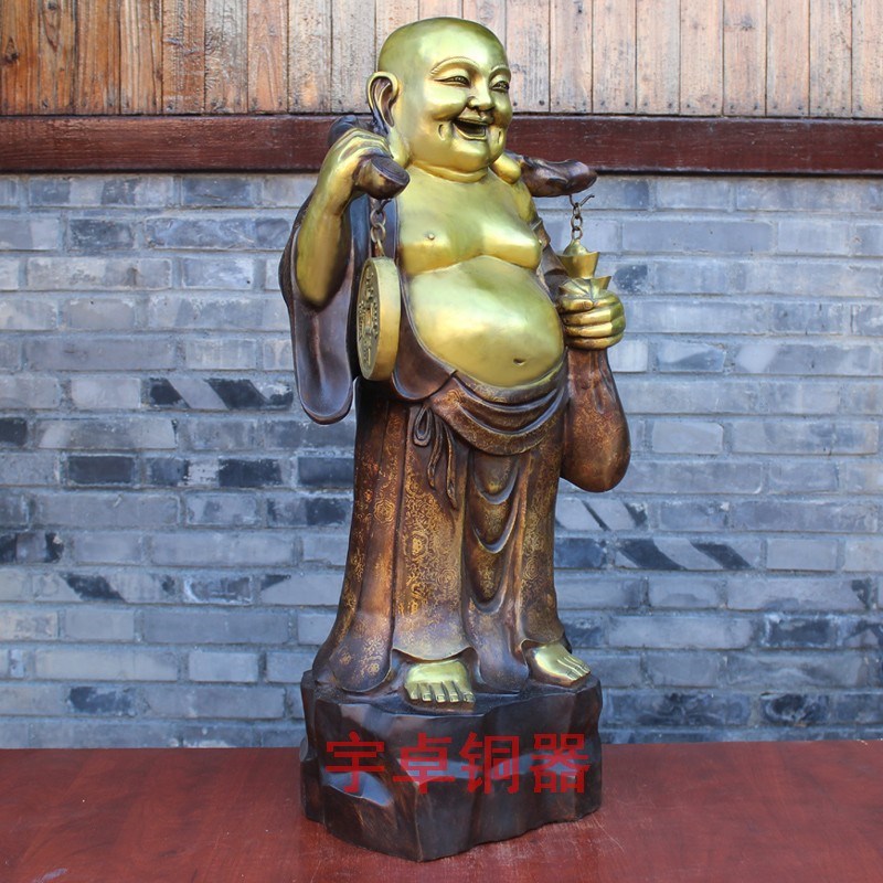 热销宇卓铜器铜佛像工艺t品摆件 纯铜弥勒佛挑金币佛黄铜弥勒佛