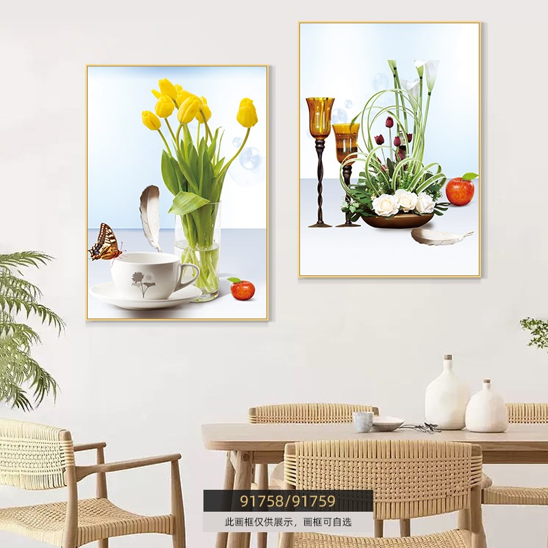 热销新中式餐厅装饰画三餐四季两联组G合挂画字画吃饭厅餐桌背景