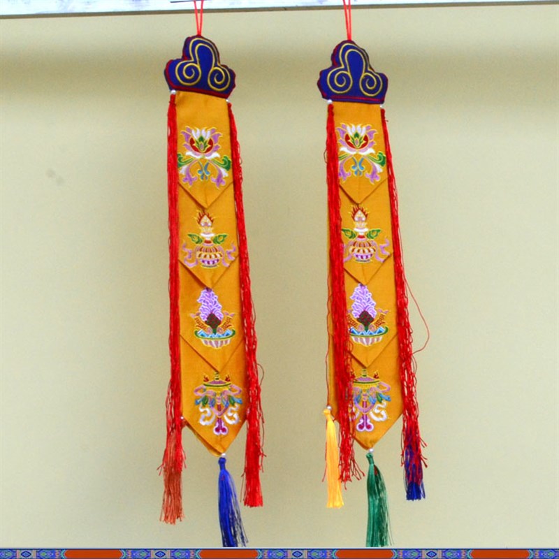 热销藏族特色八吉祥手q鼓幡装饰居家室内挂饰道具五彩幡飘布绣花