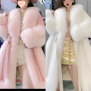 抖音同款羊绒大衣女狐狸毛领中长款毛呢外套女神大V毛领仿皮草棉