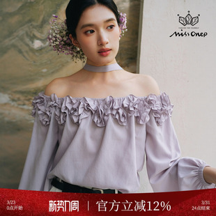 上衣配挂脖飘带春季 浪漫一字肩花瓣领灯笼袖 春雀跃 Missonep蝉