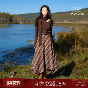 Missonep蝉【冬铃序】复古感针织飘带上衣配格纹半身裙套装女冬季