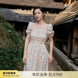 Missonep蝉 花信风 浪漫风方领泡泡袖 碎花收腰A字连衣裙女夏季