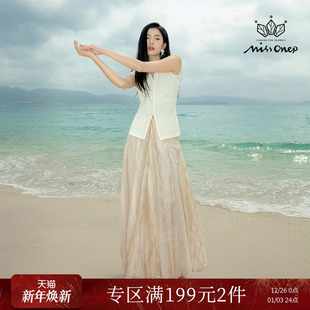 V领褶皱上衣飘逸半身裙套装 无袖 夏度假穿搭 清水壶 Missonep蝉