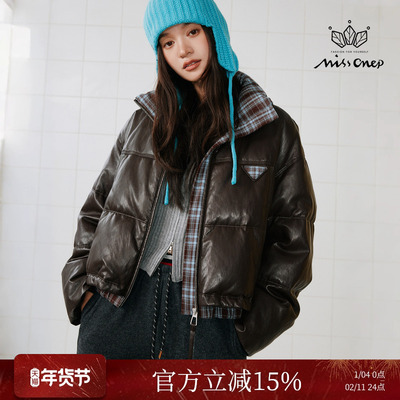 复古风90鸭绒格纹拼接短款羽绒服