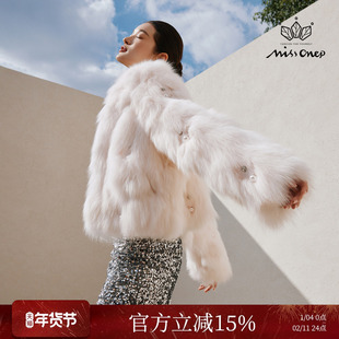 Missonep蝉【雪溶意】浪漫风粉色珍珠点缀狐狸毛皮草短外套女冬季