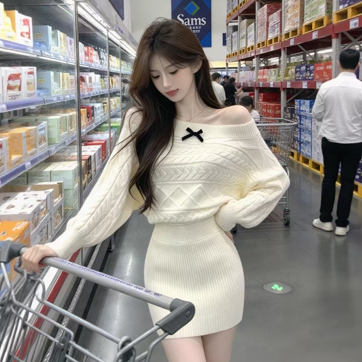 纯欲甜妹风斜肩针织连衣裙女设计感麻花蝙蝠袖修身包臀短裙秋款