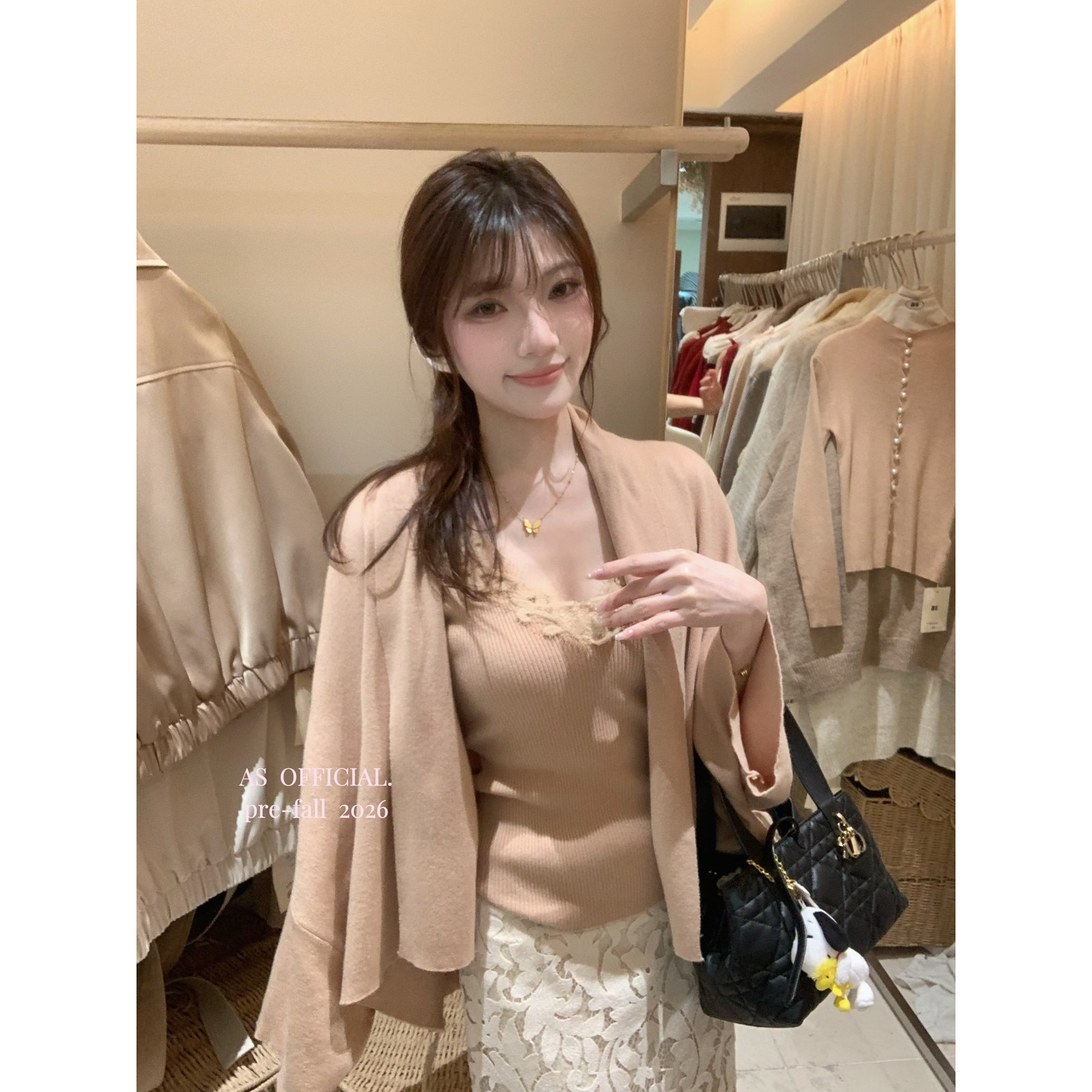 名媛风针织套装女约会温柔风v领蕾丝花边吊带内搭蝙蝠袖针织开衫