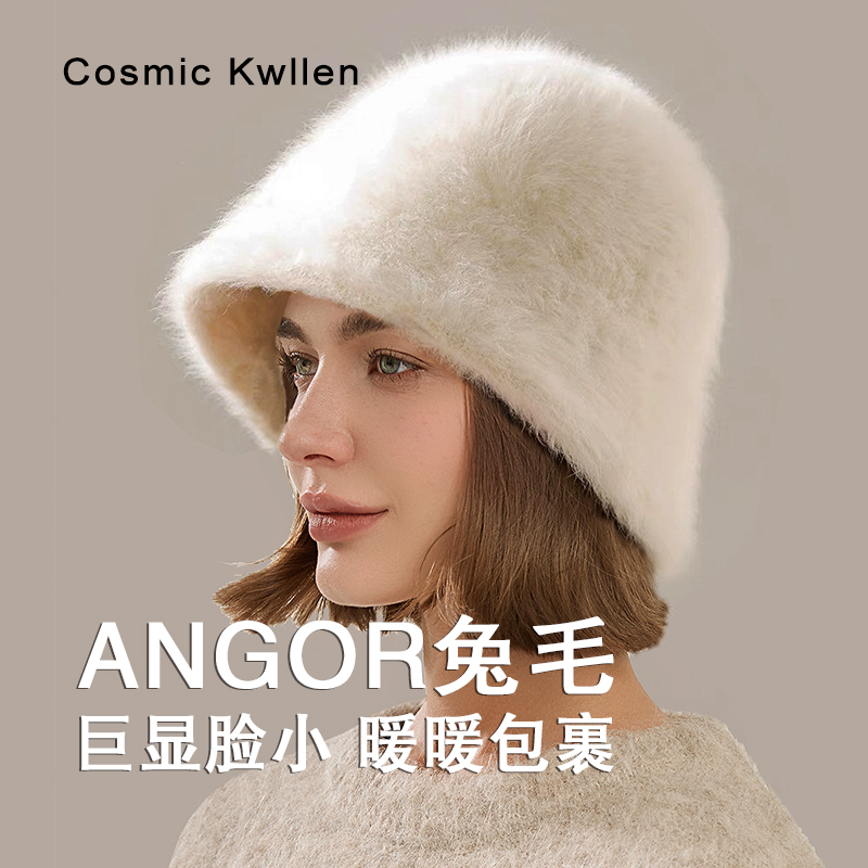 CosmicKwllen女冬季大头围真兔毛毛绒帽盆帽遮脸显脸小水桶渔夫帽