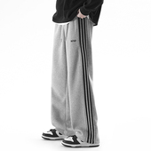 潮牌卫裤 男生春秋款 三条杠休闲裤 ZSEE美式 宽松直筒灰色运动长裤 子