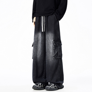 ZSEE工装牛仔裤男春季新款大口袋黑色渐变宽松直筒大码休闲长裤