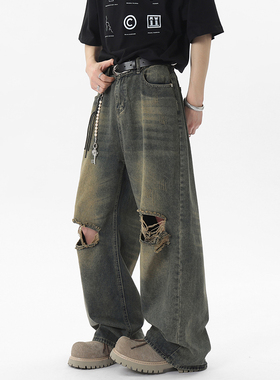 ZSEE美式复古做旧破洞牛仔裤男款夏季潮牌宽松直筒阔腿休闲长裤子