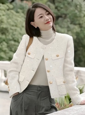 黑色亮片小香风外套女小个子2023新款秋季法式赫本风精致短款上衣