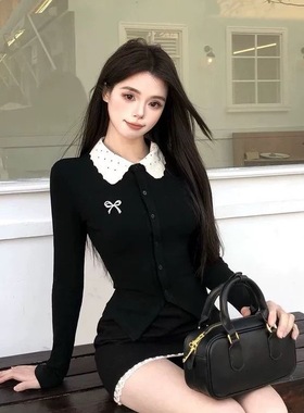 法式纯欲辣妹针织套装女设计感小众拼接长袖上衣黑色小心机半身裙
