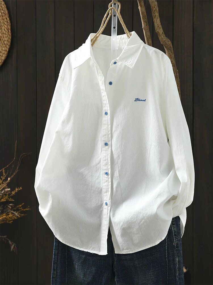 白色衬衫女款2026新款春季字母刺绣纯棉通勤风时尚百搭长袖衬衣衫