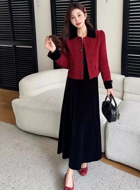 实拍2025秋冬红色小香风夹棉时尚爆款外套新年圣诞气质温柔两件套