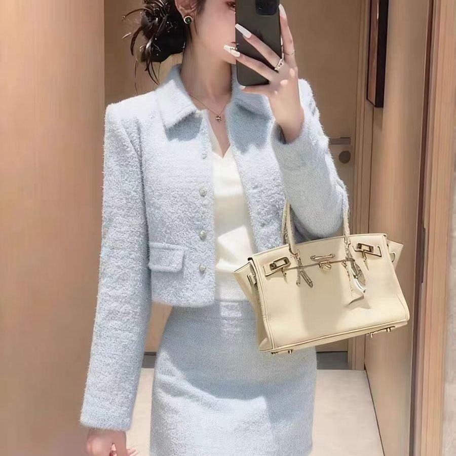 秋冬季一整套韩系高级感小香风气质名媛蓝色翻领外套短裙套装女,女装/女士精品,时尚套装,淘宝优惠券,粉丝福利购,淘宝优惠卷