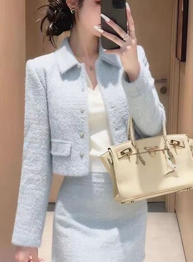 秋冬季一整套韩系高级感小香风气质名媛蓝色翻领外套短裙套装女