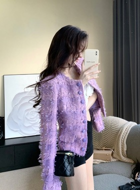 新年战袍气质名媛小香风高级感紫色外套春秋网红新款百搭短上衣女