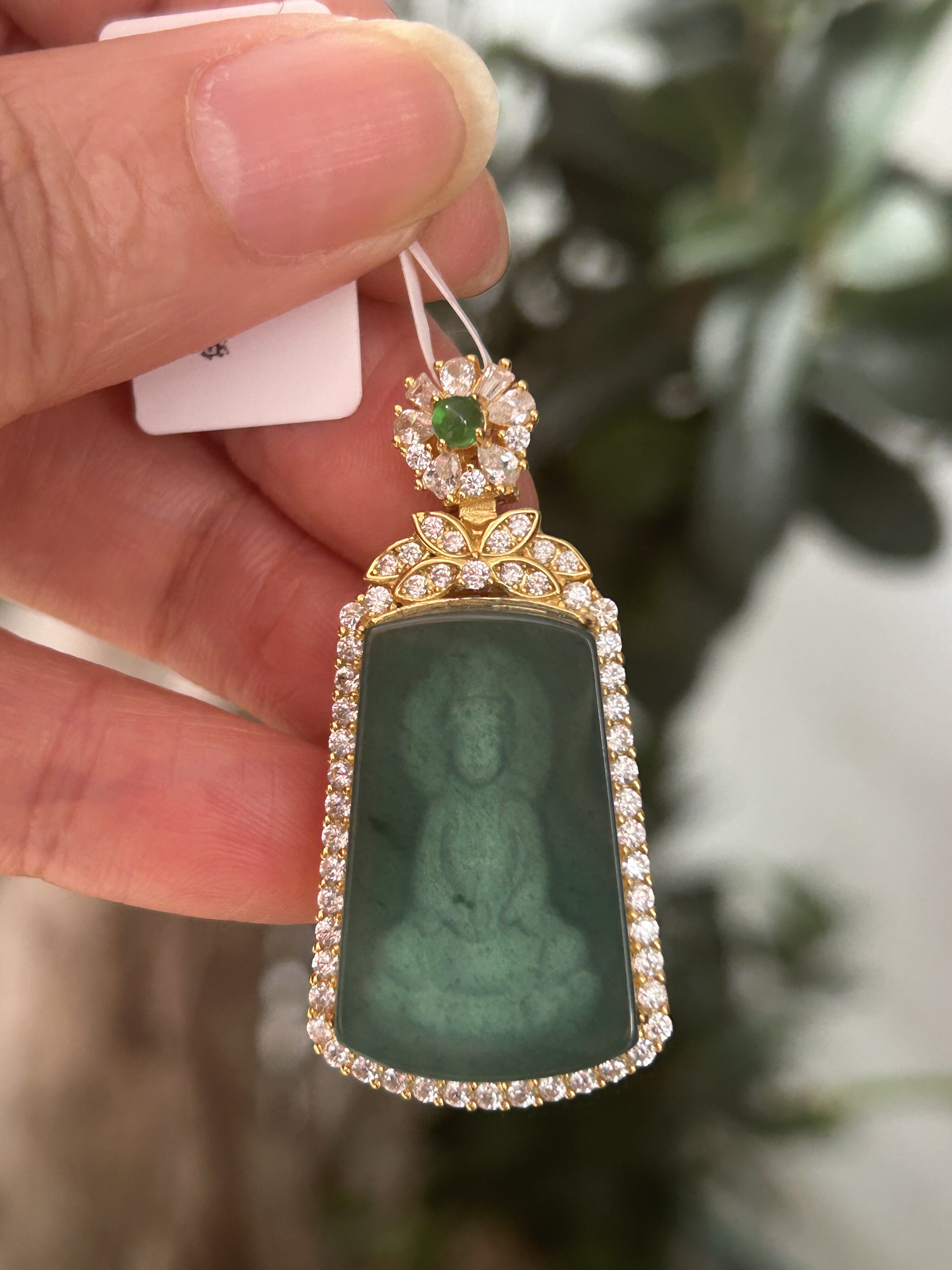 米町珠宝 天然缅甸翡翠a货吊坠挂饰镶嵌阴雕观音蓝钢