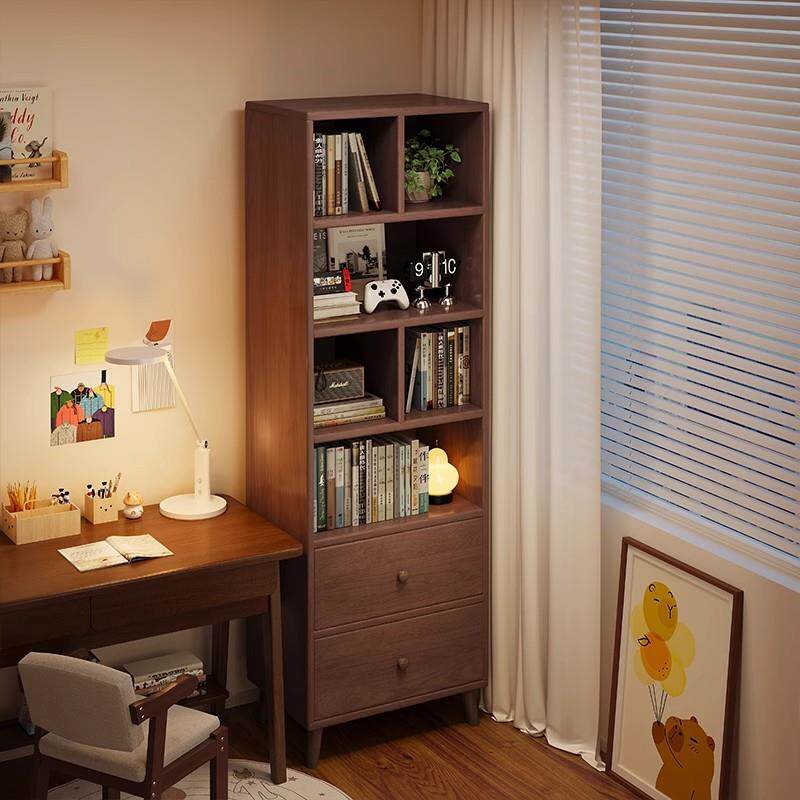 胡桃色实木生态板书架置物架落地卧室多层收纳柜子储物柜转角书柜