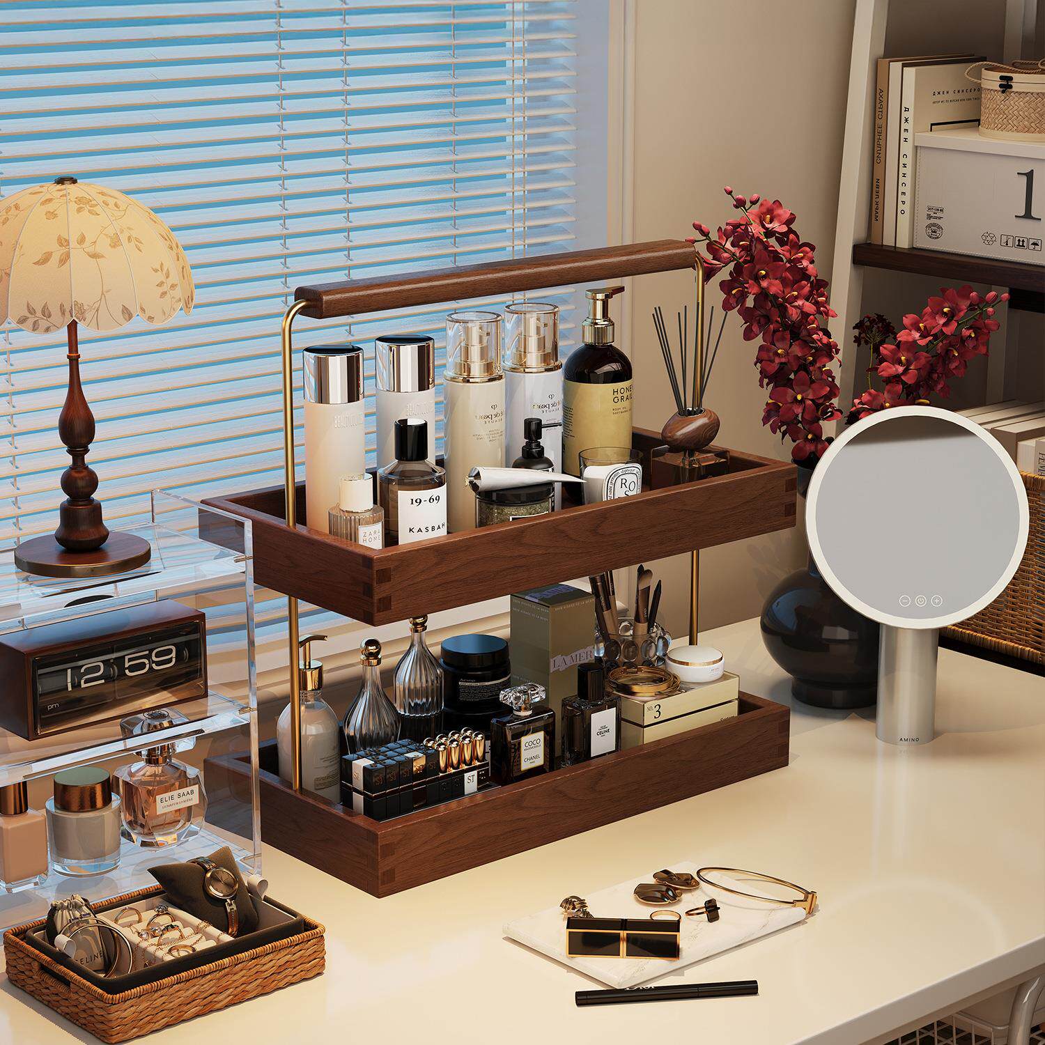 化妆品收纳盒梳妆台口红首饰桌面高级香水展示架木制护肤品置物架