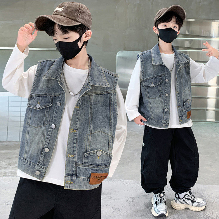 水洗翻领常规款牛仔布扣子马甲,童装/婴儿装/亲子装,马甲,淘宝优惠券,粉丝福利购,淘宝优惠卷