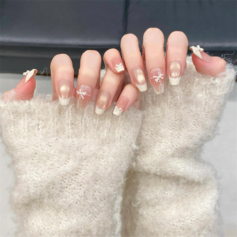 春日少女法式猫眼蝴蝶结手工美甲