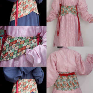 汉服男女同款月牙型红绿菱形格子抱腰配饰复原款圆领袍百搭配饰