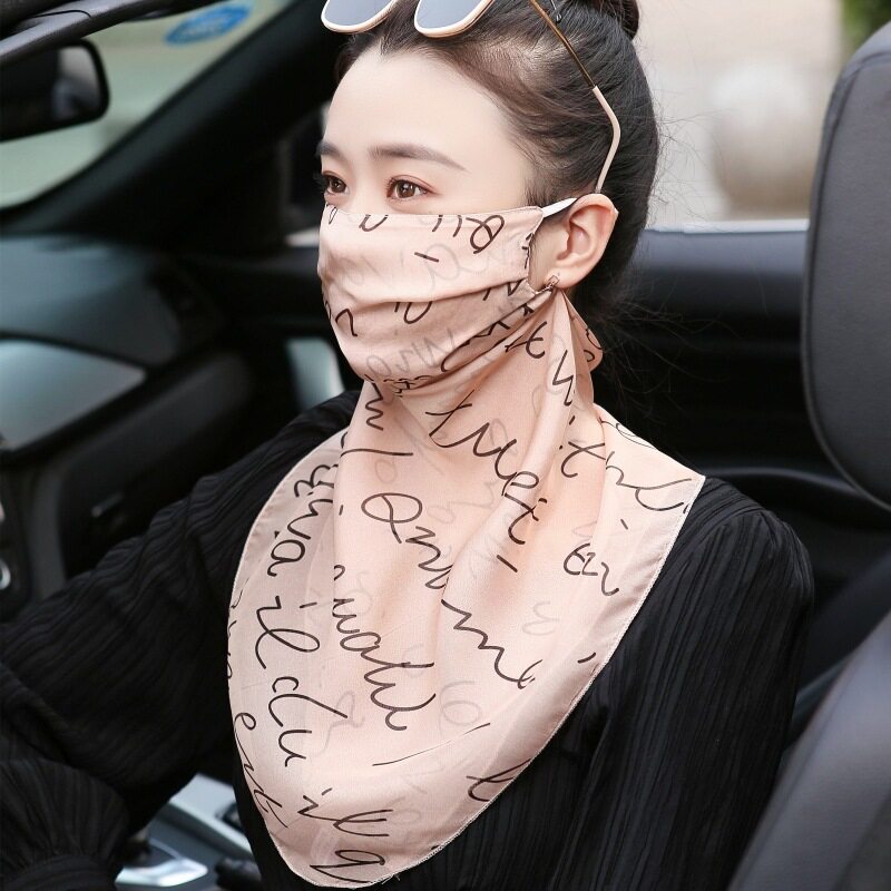 遮阳面纱100%桑蚕丝口罩护颈真丝面罩女士夏遮脸围巾薄款透气丝巾