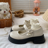 玛丽珍鞋 女2026新款 百搭浅口单鞋 白色复古法式 圆头增高厚底小皮鞋